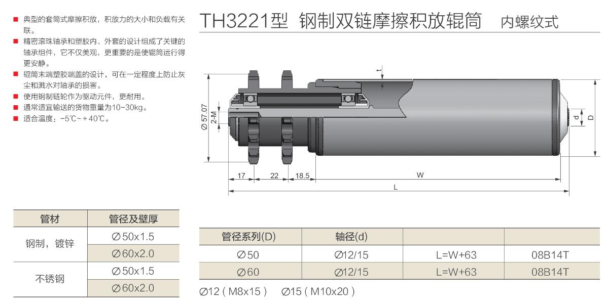 th3221型 钢制双链摩擦积放辊筒 内螺纹式