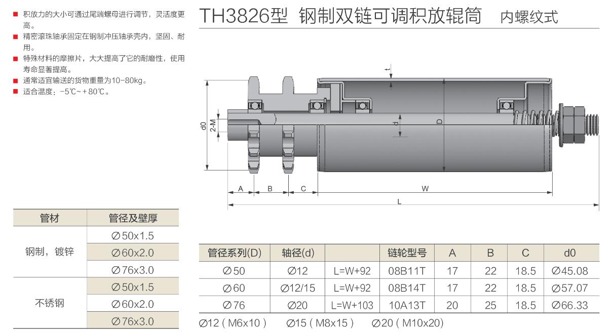 th3826型 钢制双链可调积放辊筒 内螺纹式