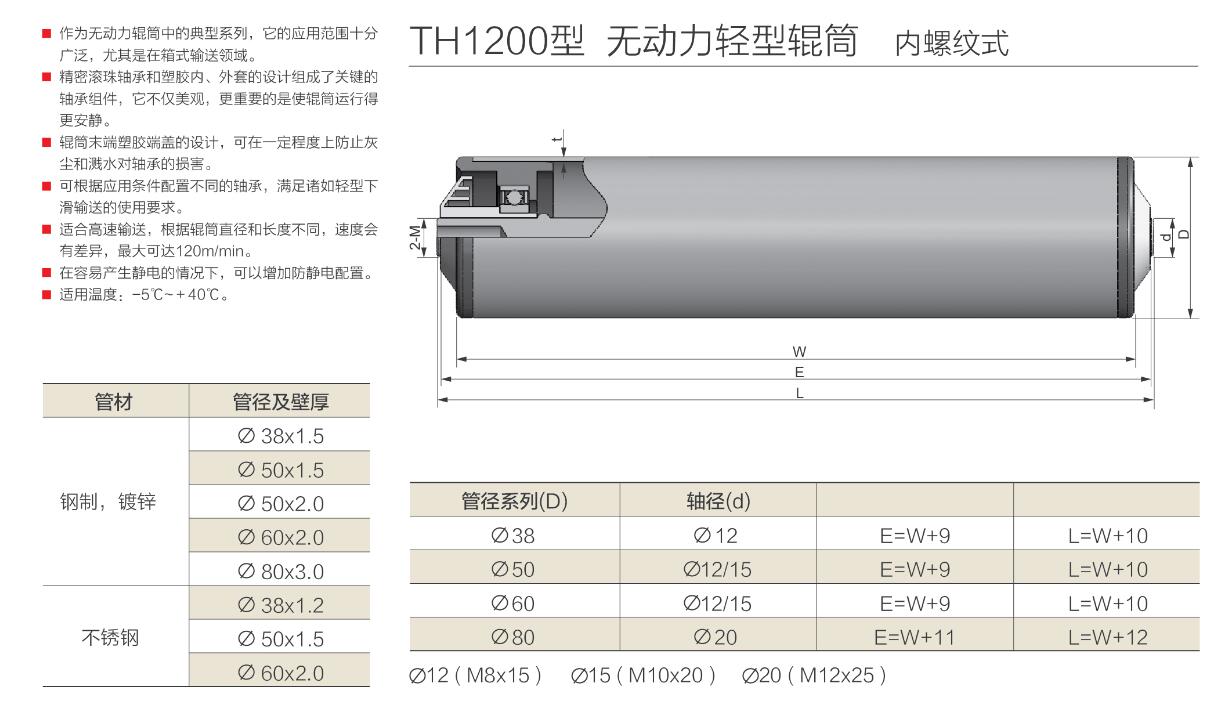 th1200型 无动力轻型辊筒 内螺纹式