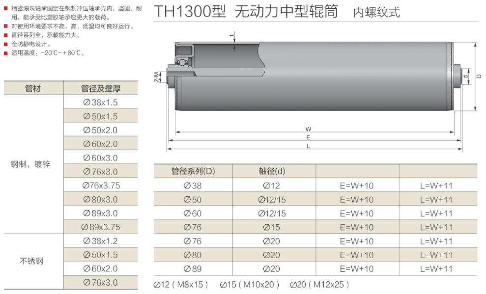 th1300型 无动力中型辊筒 内螺纹式