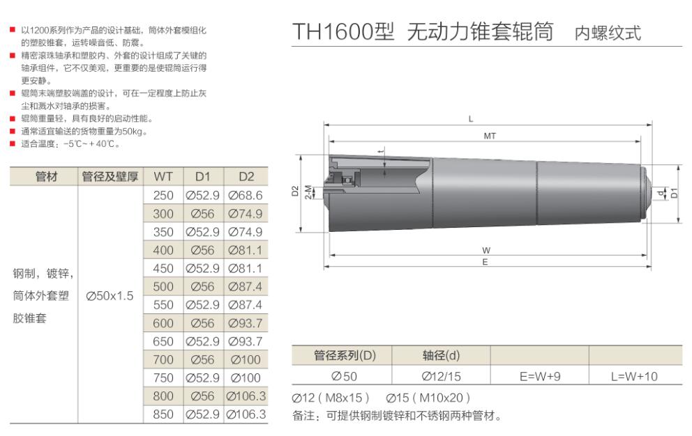 th1600型 无动力锥套辊筒 内螺纹式