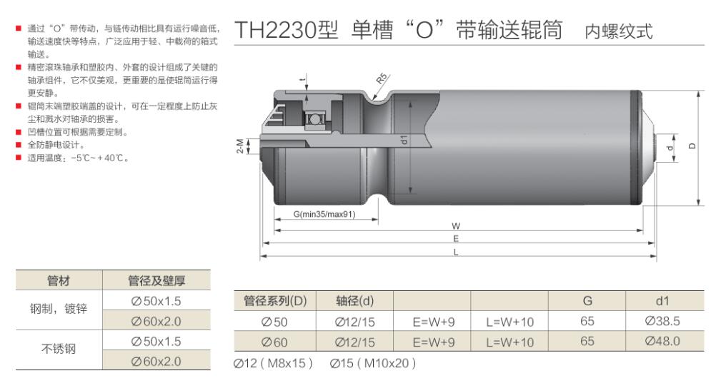 th2230型 单槽o带输送辊筒 内螺纹式