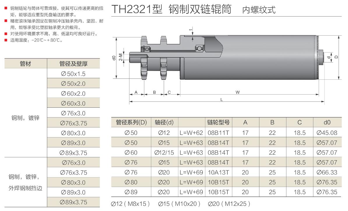 成件物品用轻型带式输送机 th2321型 钢制双链辊筒